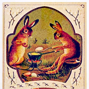 Vintage Easter Postcards Digital Download Printable Image Two Brown Rabbits Dying Easter Eggs