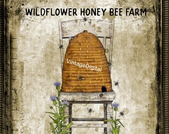Vintage Farmhouse Wildflower Print: Honey Bees Wall Art Digital Download