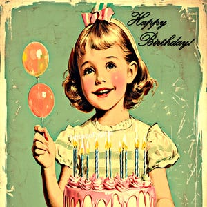 Retro Young Girl&#39;s Happy Birthday Vintage Digital Downloadable Printable Image