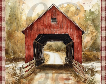 Vintage Farmhouse Covered Bridge Illustration: Printable Art (Digital Download)