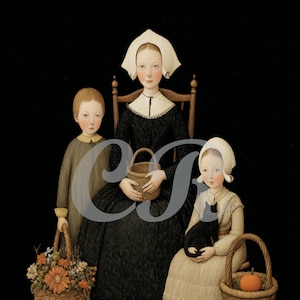 CANVAS PRINT Vintage Primitive Colonial Fall Pilgrim Woman and Children Folk Art