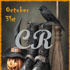 Pode incluir: Natureza morta com tema de Halloween com uma abóbora esculpida, chapéu de bruxa e botas de couro desgastadas. Um corvo preto empoleirado nas botas, com uma vassoura e o texto "October 31st". A imagem tem uma estética rústica e vintage.
