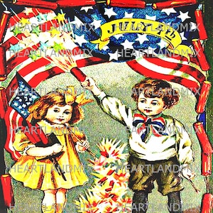 Bandera del 4 de julio y fuegos artificiales Imagen vintage Tarjeta imprimible para descargar del 4 de julio