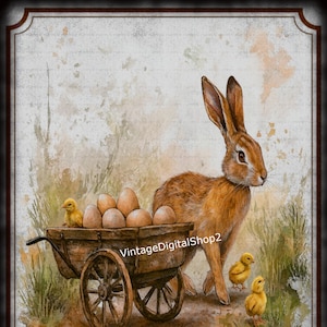 Download digital de Páscoa vintage para impressão Arte gráfica Imagem Coelho marrom com carrinho de mão cheio de ovos de Páscoa e pintinhos JPG