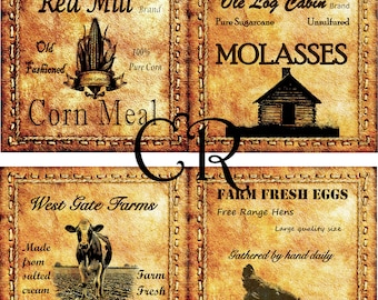 Conjunto de quatro etiquetas para despensa de cozinha em estilo rústico, para download digital e impressão.