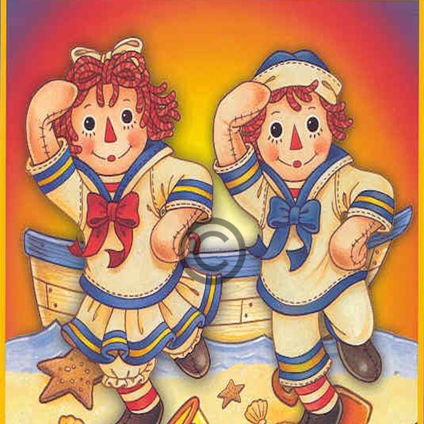 Vintage Raggedy Ann and Andy Sailors by the Sea Beach Digital Download, Printable Wall Art Image