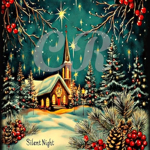 Vintage Christmas Primitive Farmhouse Silent Night Church Digital Image Download Printable