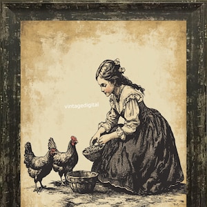 Arte digitale primitiva coloniale d'epoca che dà da mangiare ai polli Scarica l'immagine stampabile