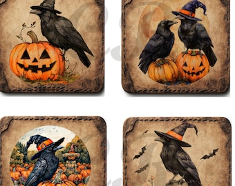 Etiquetas vintage de cuervo y calabaza de Halloween: Arte digital primitivo otoñal (imprimible)