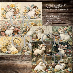 CONJUNTO DE 12 CONEJOS DE PASCUA CON GORROS DE PASCUA, DESCARGA DIGITAL IMPRIMIBLE