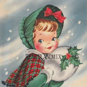 Vintage Christmas Girl With Muff Holly Dress Digital Image - Etsy
