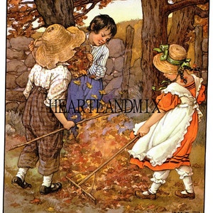 May include: Three children are raking leaves in a yard. The child on the left is wearing a straw hat and plaid pants. The child in the middle is wearing a blue and white striped shirt. The child on the right is wearing a white dress with orange trim and a straw hat with a green ribbon.