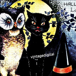 Owl and Black Cat Halloween Verse Vintage Digital image Wall Art Download