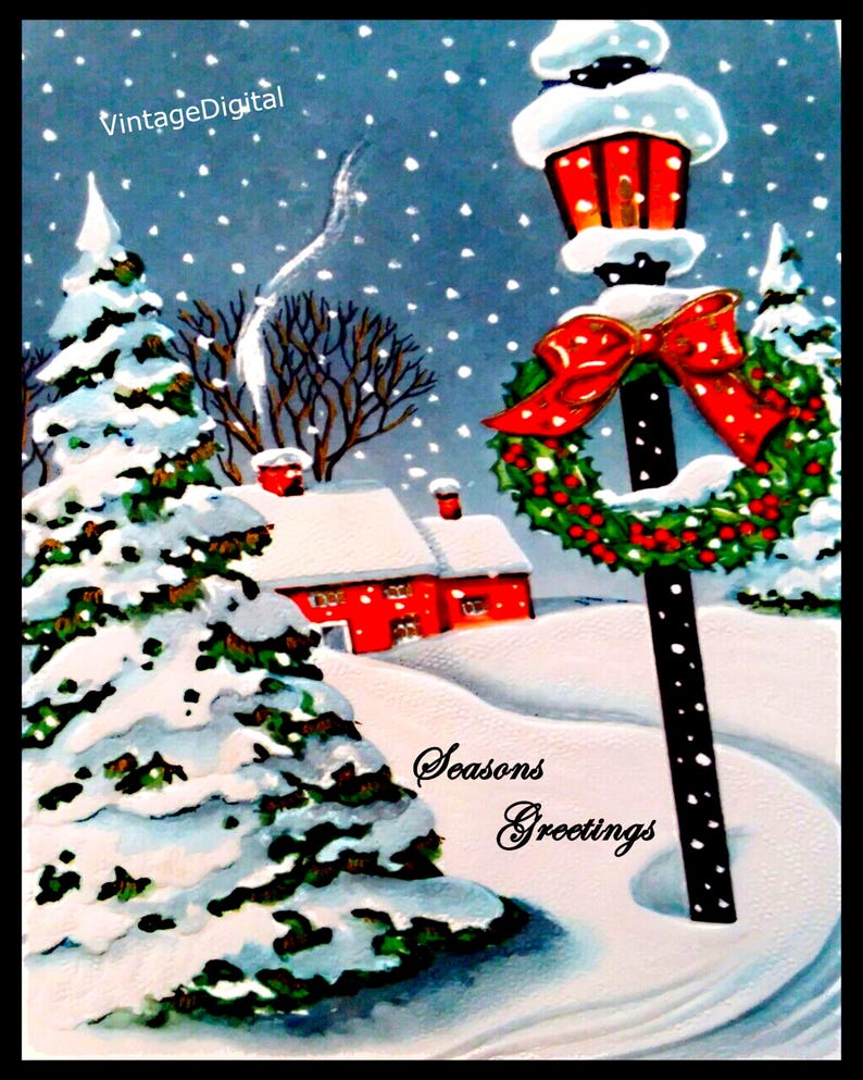 May include: Vintage winter scene with snow-covered trees, a red house, and a lamppost adorned with a wreath and a red bow. The image has the text "Seasons Greetings" and "VintageDigital". Snow is falling in the winter landscape.