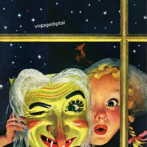 Vintage digitale Halloween Hexe Maske und kleines Mädchen Download druckbares Bild