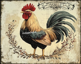 May include: A vintage-style illustration of a rooster with a red comb and wattle, standing on a branch with brown and green leaves. The rooster has a black and gold body with a blue-green tail. The background is a light beige with a faded, distressed texture. The text "FARM LIFE" is written in a decorative font above the rooster.