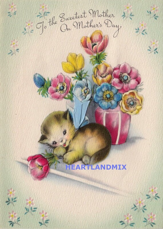 Vintage Mother S Day Card Kitten And Flowers Digital Etsy Singapore
