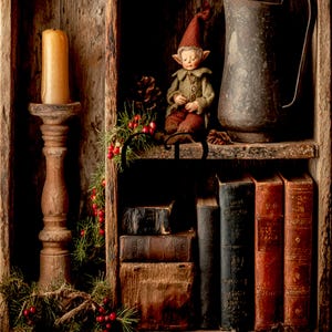 Vintage Primitive Colonial Christmas Elf on a Shelf Digital Art Download Printable Image