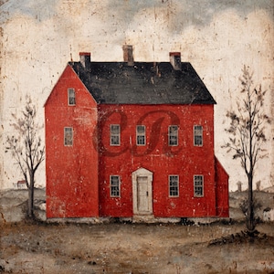 Peut inclure: Une peinture représentant une maison rouge vif avec un toit sombre, trois cheminées et plusieurs fenêtres. La structure est centrée dans un paysage avec deux arbres dénudés de chaque côté, un ciel nuageux et une texture vieillie et usée.