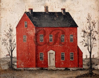 Puede incluir: Una pintura de una casa de color rojo brillante con techo oscuro, tres chimeneas y varias ventanas. La estructura está centrada en un paisaje con dos árboles desnudos a cada lado, un cielo nublado y una textura desgastada en toda la obra.