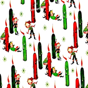 Vintage Christmas Elves and Candle Sticks Wrapping Paper Elf Digital Image Printable Download