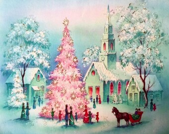 Vintage Christmas Scene Pink Tree Church Image Download Printable
