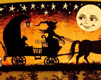 Halloween Greetings Vintage Digital image Wall Art Download Witch, Skelton, Full Moon