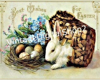 ヴィンテージイースターポストカード 茶色のウサギのカップルが服を着