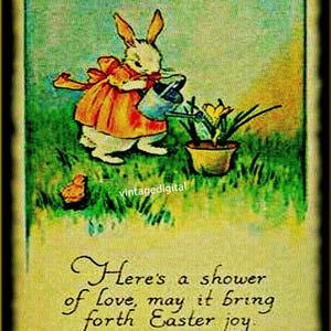 Postal de Pascua antigua Verso Conejo regando flores Tarjetas/Etiquetas/Transferencias/Clip Art/Álbum de recortes/Página de diario Descargar imagen de arte imprimible