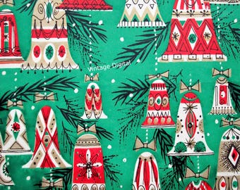 Może przedstawiać: Winiety świąteczne w stylu vintage z zielonym tłem i powtarzającym się wzorem czerwonych, białych i złotych dzwonków o różnych wzorach. Papier ma świąteczny i retro charakter.