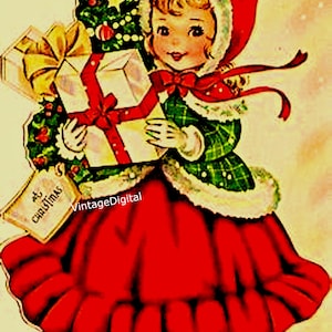 Vintage Christmas Girl with Presents Digital Image (Printable Download)