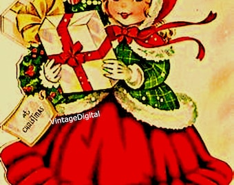 Vintage Christmas Girl with Presents Digital Image (Printable Download)