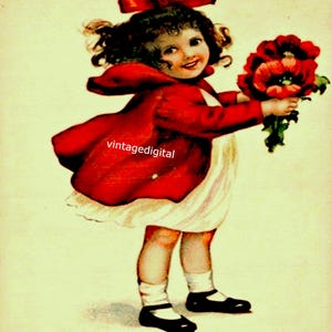 Tarjeta/etiquetas/transferencias imprimibles de descarga instantánea con imagen de niña ofreciendo flores "Solo un pequeño San Valentín para ti"