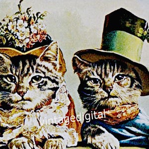 Vintage CATS Wearing HATS Vintage Digital Image Wall Art Download Printable