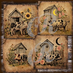 May include: A four-part collage of vintage illustrations. Each image depicts pigs, wooden sheds, sunflowers, and floral arrangements. The artwork has a rustic, aged aesthetic with a warm colour palette, suggesting a rural theme.