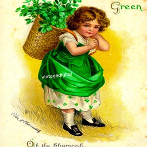 Cartão postal digital vintage do dia de São Patrício para download para impressão Vestindo a cesta verde de trevo