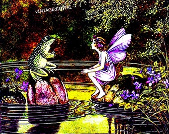 Vintage Fairy Tale Illustration: Frog and Fairy Art Print (Digital Download)