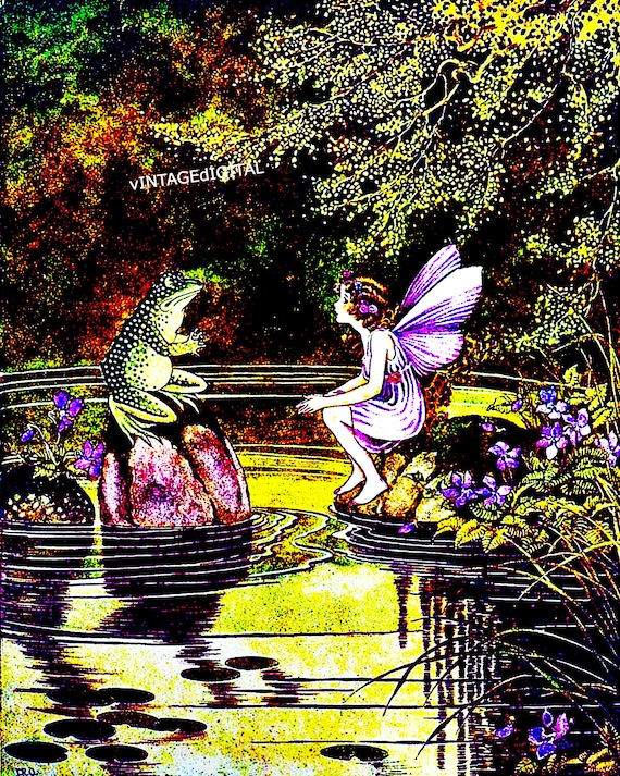 Vintage Fairy Tale Illustration: Frog and Fairy Art Print (digital