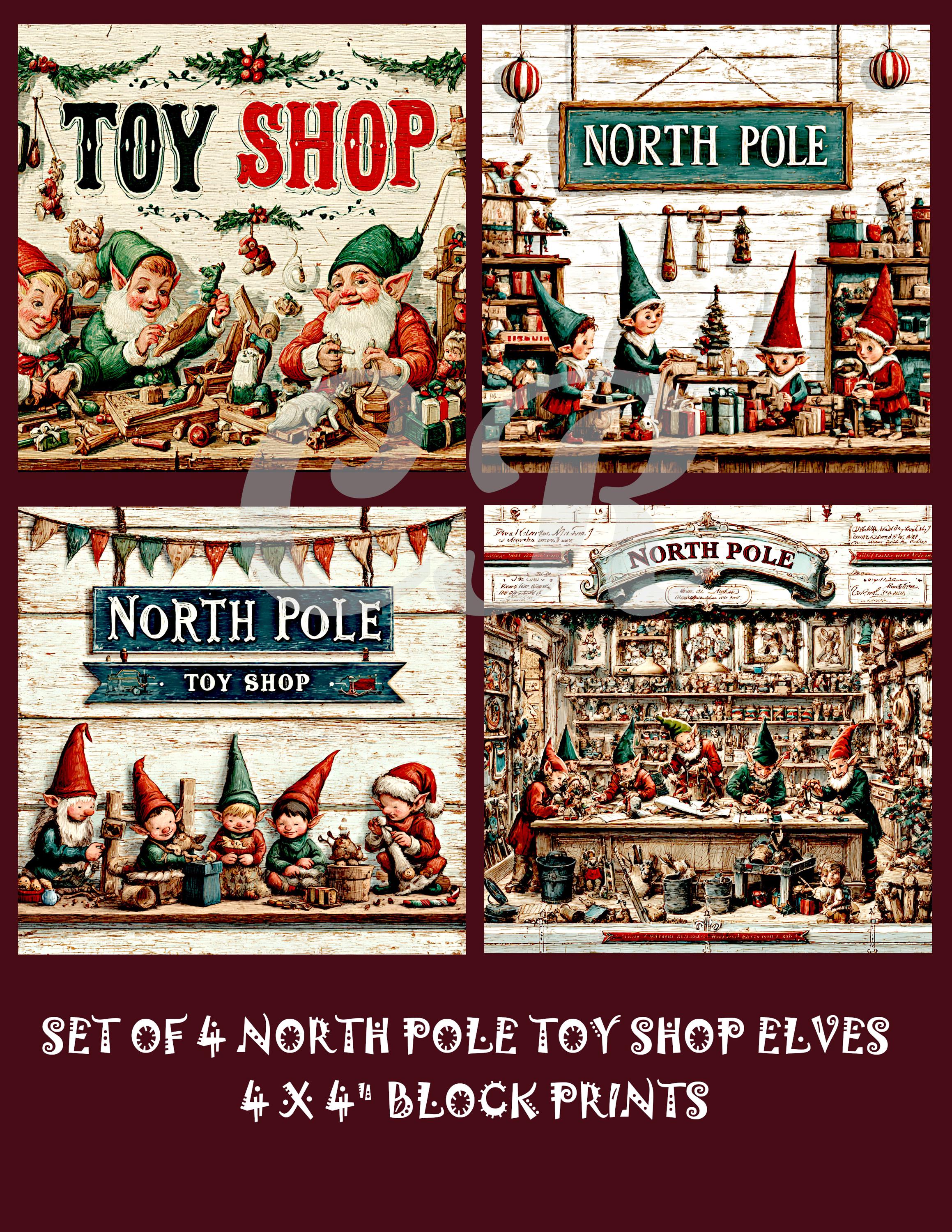 Vintage Christmas BLOCK SET 4 Labels North Pole Toy Shop Elves Digital Download, Decoupage, Scrapbooking, Journals, Tags