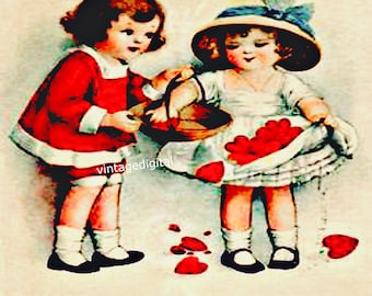 Puede incluir: Tarjeta vintage de San Valentín con dos niños, uno con un vestido rojo y el otro con un vestido blanco con corazones rojos, sosteniendo cestas de corazones rojos. La tarjeta dice "With Love's Greeting I have to join two hearts in one, And wish this tender task were done."