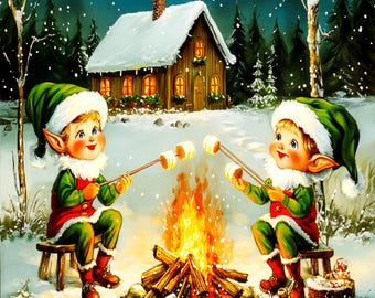 Vintage Christmas Elves Roasting Marshmallows Art Print (Digital Download)