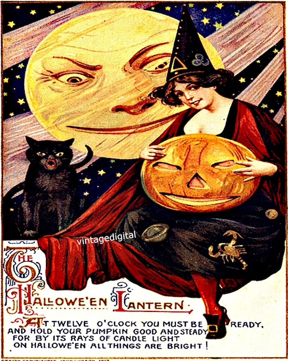 The Halloween Lantern Verse Vintage Witch Post Card Moon looks on Digital Download Printable Image