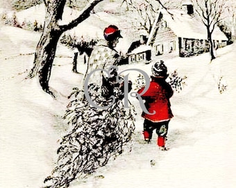 Antique Vintage Bringing Home the Tree Christmas wall art Image Download printable