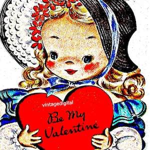 Vintage Valentine Card Image: Printable Girl with Heart (Digital Download)