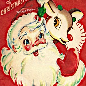 Rudolph la renna dal naso rosso e Babbo Natale Immagine natalizia vintage Download digitale Stampabile, Decoupage/Diari/Scrapbook/Etichette/Biglietti/Decor