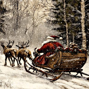 Vintage Primitive Santa&#39;s Sleigh and Reindeer Riding thru the Forest Christmas Image Digital Download Printable Wall Art