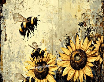 Bees and Sunflowers Rice Paper: A4 Decoupage Paper