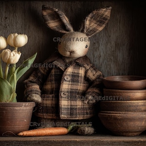 May include: A stuffed bunny wearing a plaid jacket stands next to a potted tulip plant and a stack of wooden bowls. A carrot rests on the shelf. The bunny has long ears and a buttoned jacket. The scene is set in a rustic, wooden cabinet.