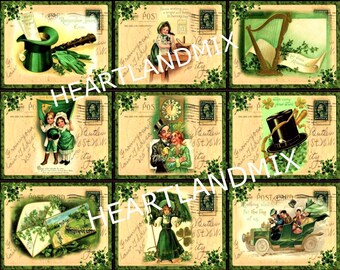 Set mit 9 St. Patricks Day Tags Vintage Postkarten Download druckbare Scrap-Buchung