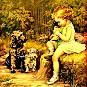 Vintage junges Mädchen mit kleiner Ente und Hunde digitales Bild Hiebel Illustration Download, printable
